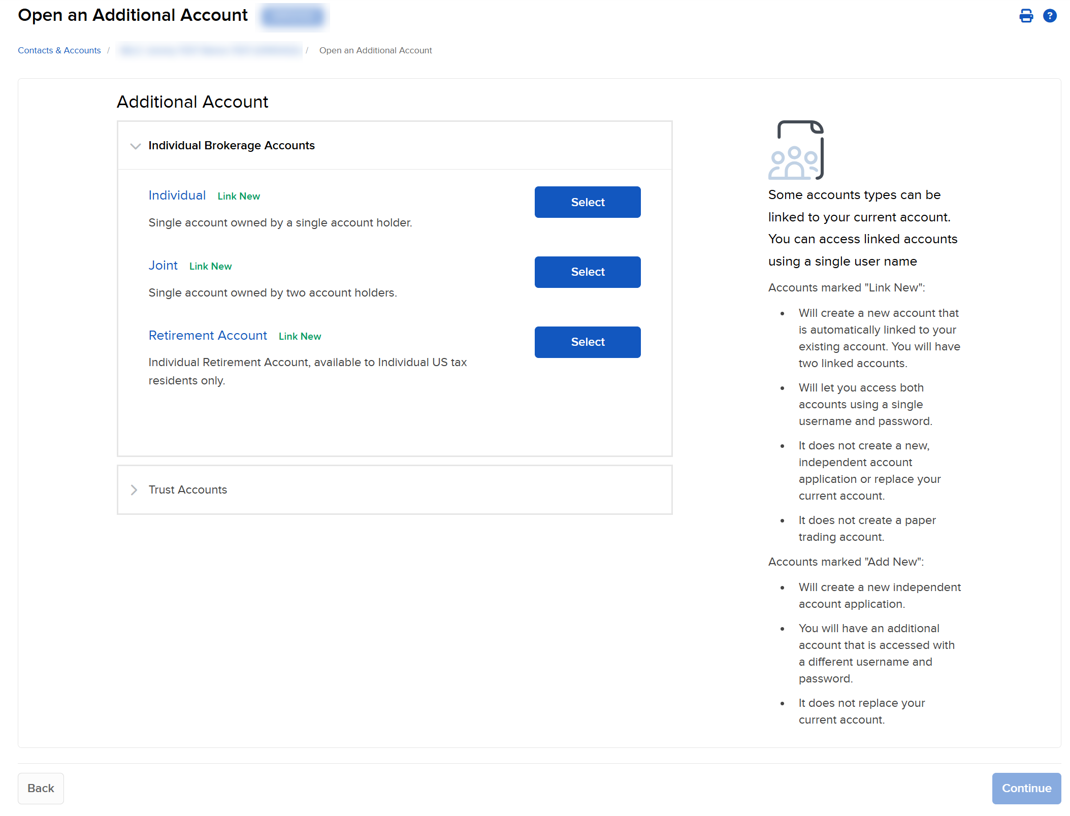 Image of the create additional client account type panel in portal. 